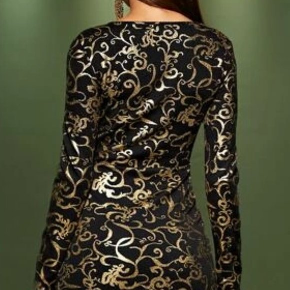 Black/Gold Deep Neck Bodycon Dress in M and L - Picture 2 of 3